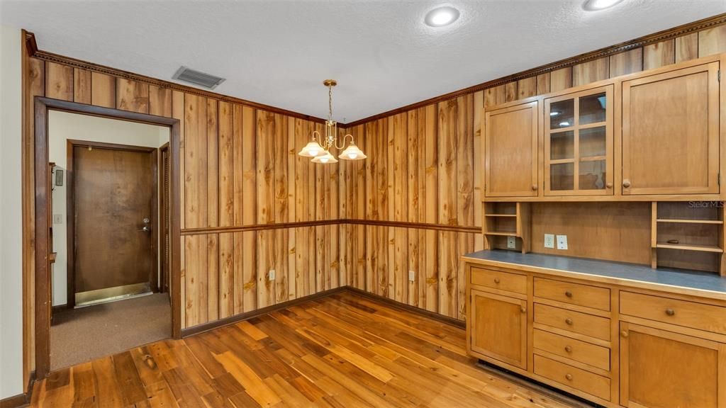 Empty room, Interior, Pendant Lights, Recessed Lighting, Wood Texture Flooring, Wooden Walls