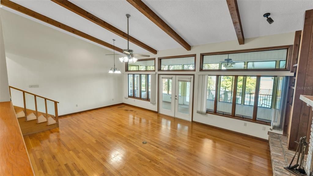 Empty room, Interior, Pendant Lights, Wooden Beams, Wood Texture Flooring