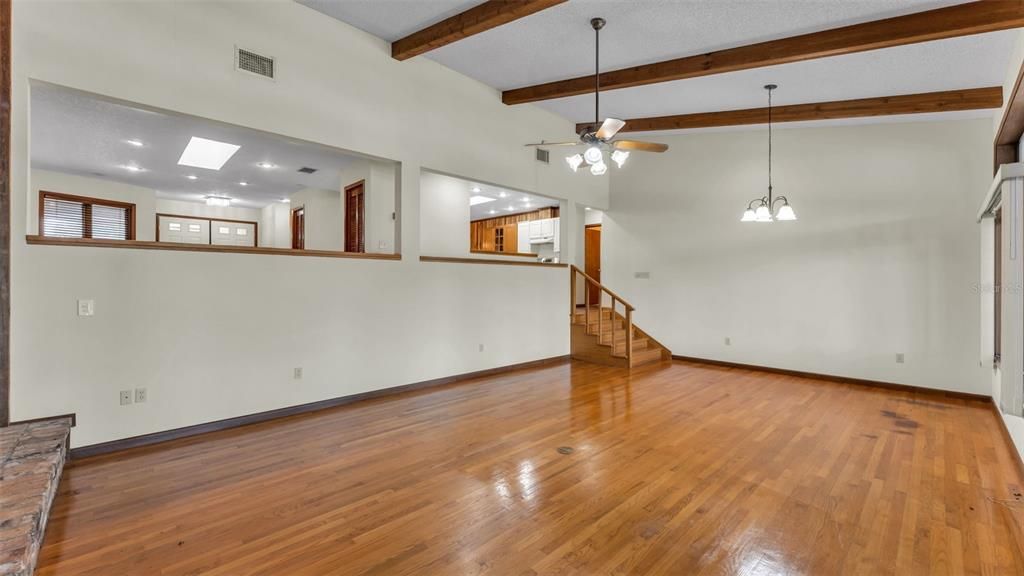 Empty room, Interior, Pendant Lights, Recessed Lighting, Wooden Beams, Wood Texture Flooring