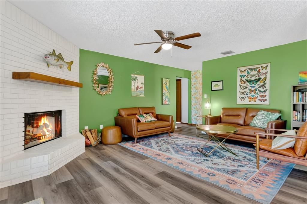 Fireplace, Interior, Living room, Stone Walls, Wood Texture Flooring