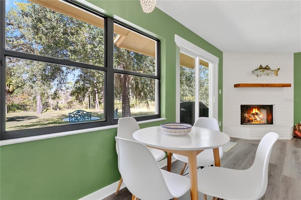 Dining room, Fireplace, Interior, Wood Texture Flooring