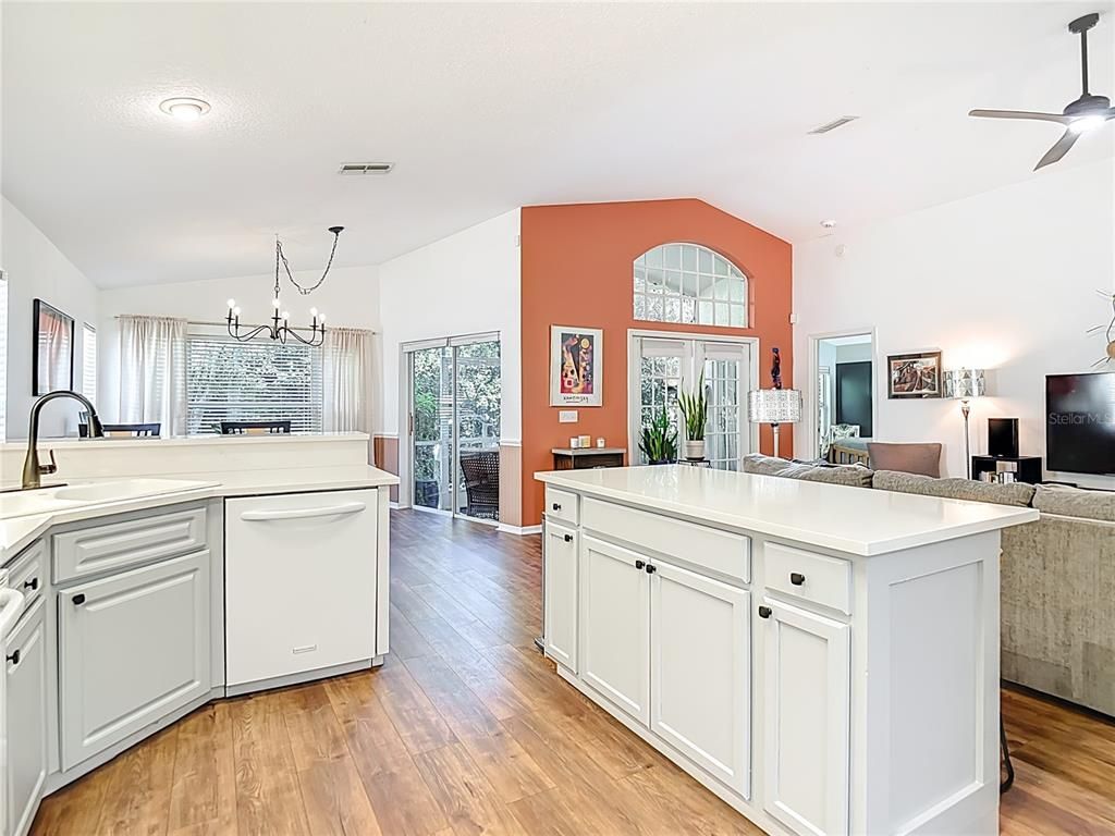 Chandelier, Interior, Kitchen, Recessed Lighting, Wood Texture Flooring