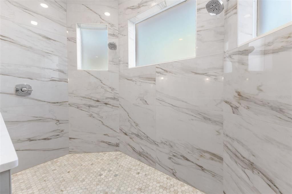 Bathroom, Interior, Marble Walls, Recessed Lighting
