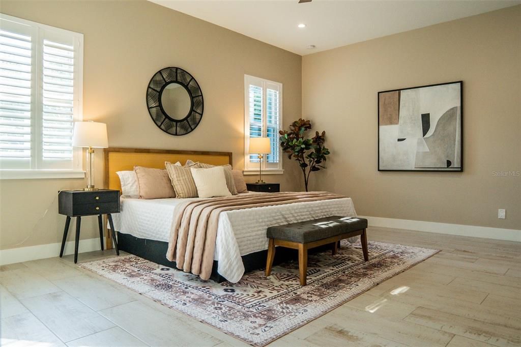 Bedroom, Interior, Recessed Lighting, Wood Texture Flooring