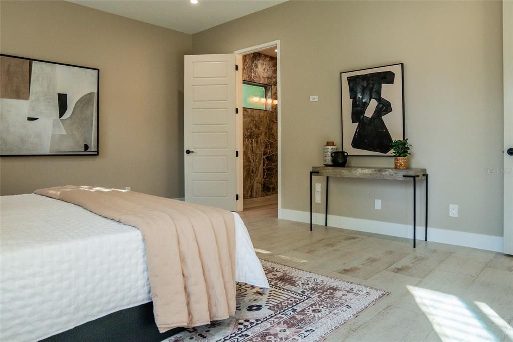Bedroom, Interior, Recessed Lighting, Wood Texture Flooring