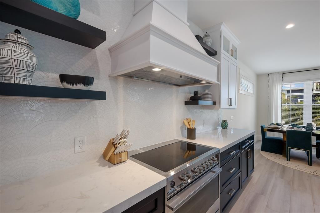 Dining room, Interior, Kitchen, Recessed Lighting, Stainless Steel Appliances, Wood Texture Flooring