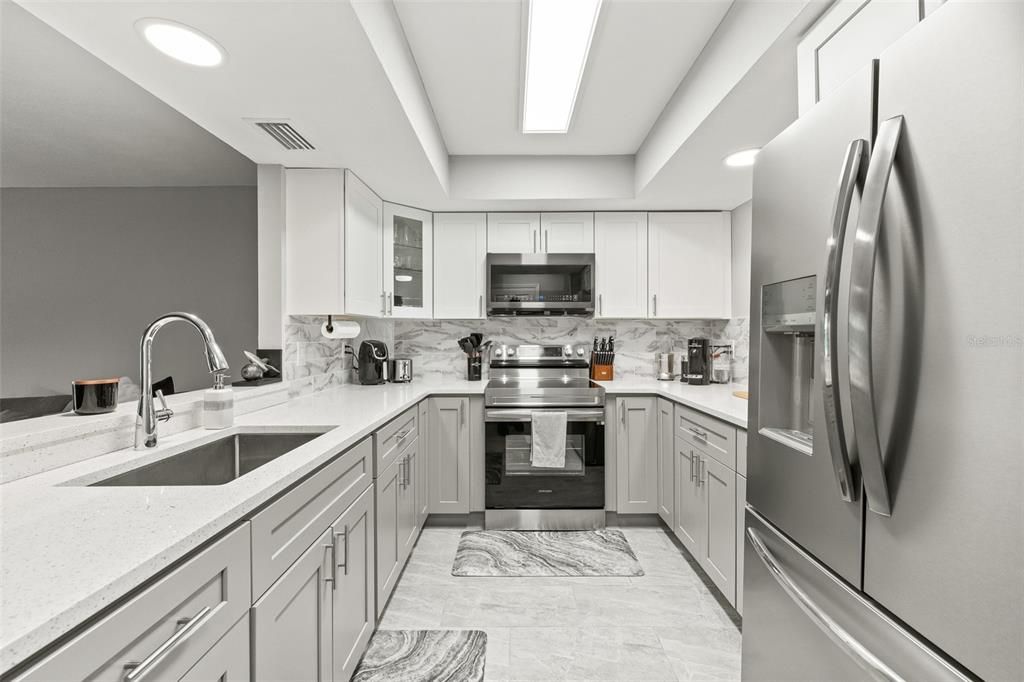 Interior, Kitchen, Marble, Recessed Lighting, Stainless Steel Appliances