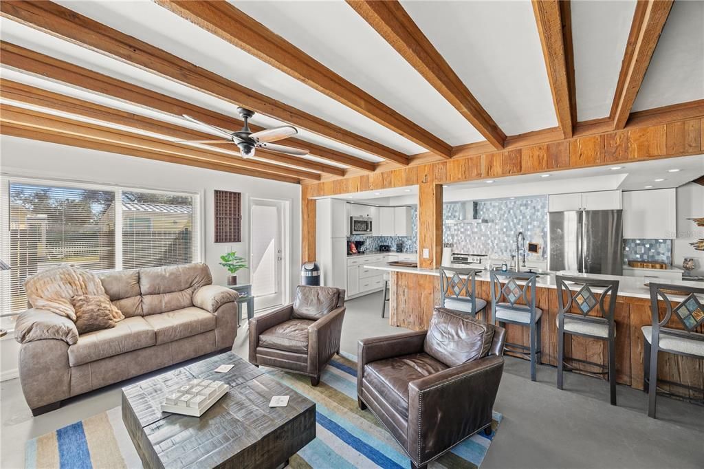 Interior, Kitchen, Living room, Recessed Lighting, Stainless Steel Appliances, Wooden Beams