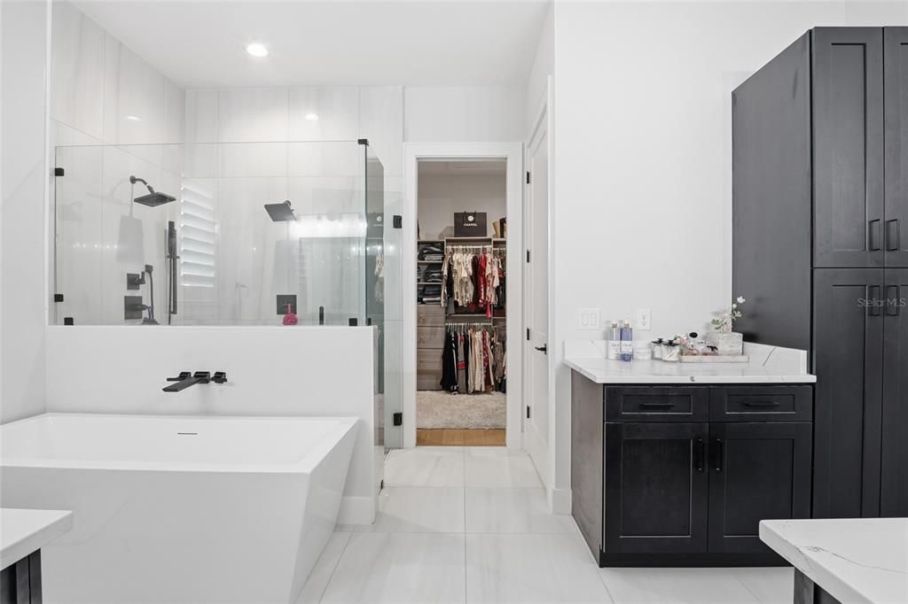 Bathroom, Free Standing Baths, Glass Shower, Interior, Recessed Lighting, Walk-in Closets