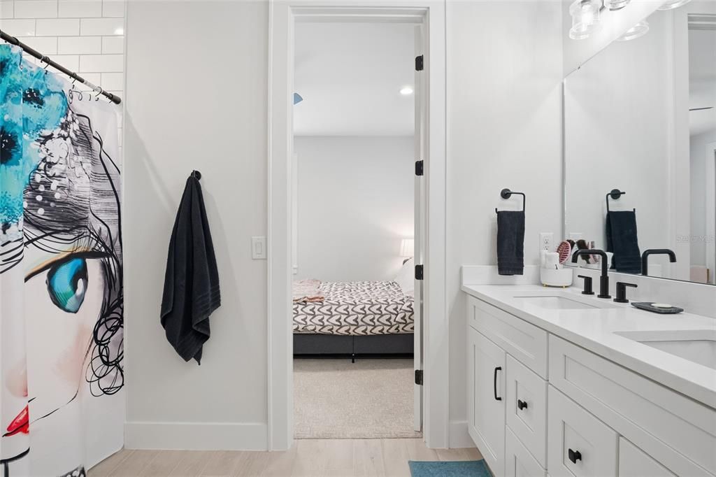 Bathroom, Bedroom, Dual Sink Vanities, Interior, Recessed Lighting, Wood Texture Flooring