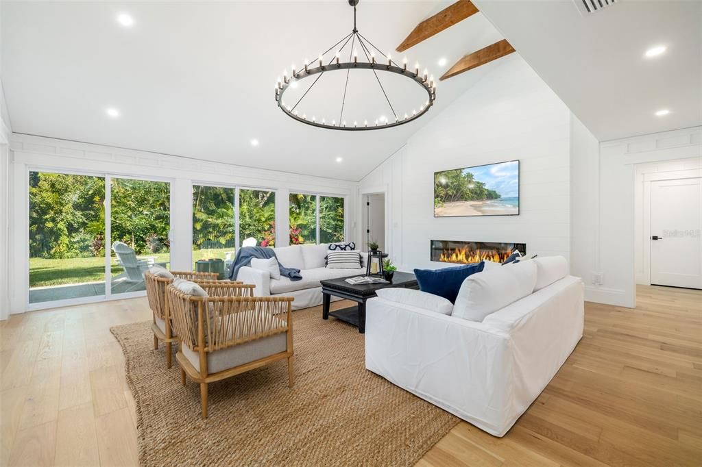 Fireplace, Interior, Living room, Pendant Lights, Recessed Lighting, Wood Texture Flooring