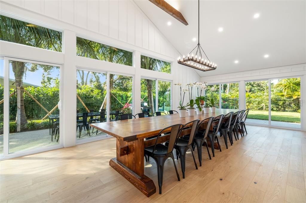 Chandelier, Dining room, Interior, Pendant Lights, Recessed Lighting, Wooden Beams, Wood Texture Flooring