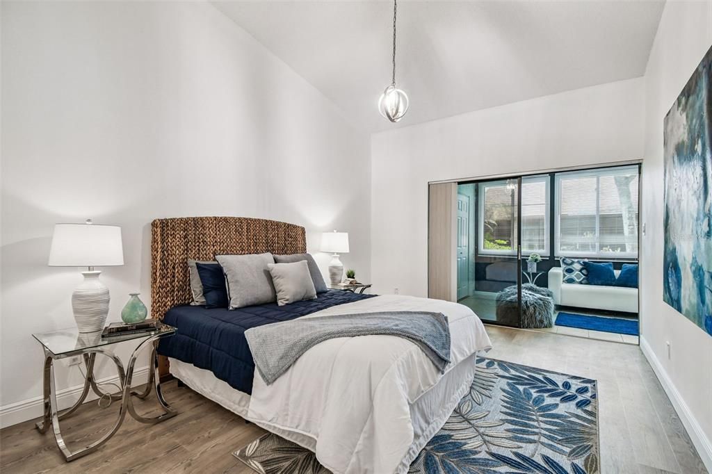 Bedroom, Interior, Pendant Lights, Wood Texture Flooring