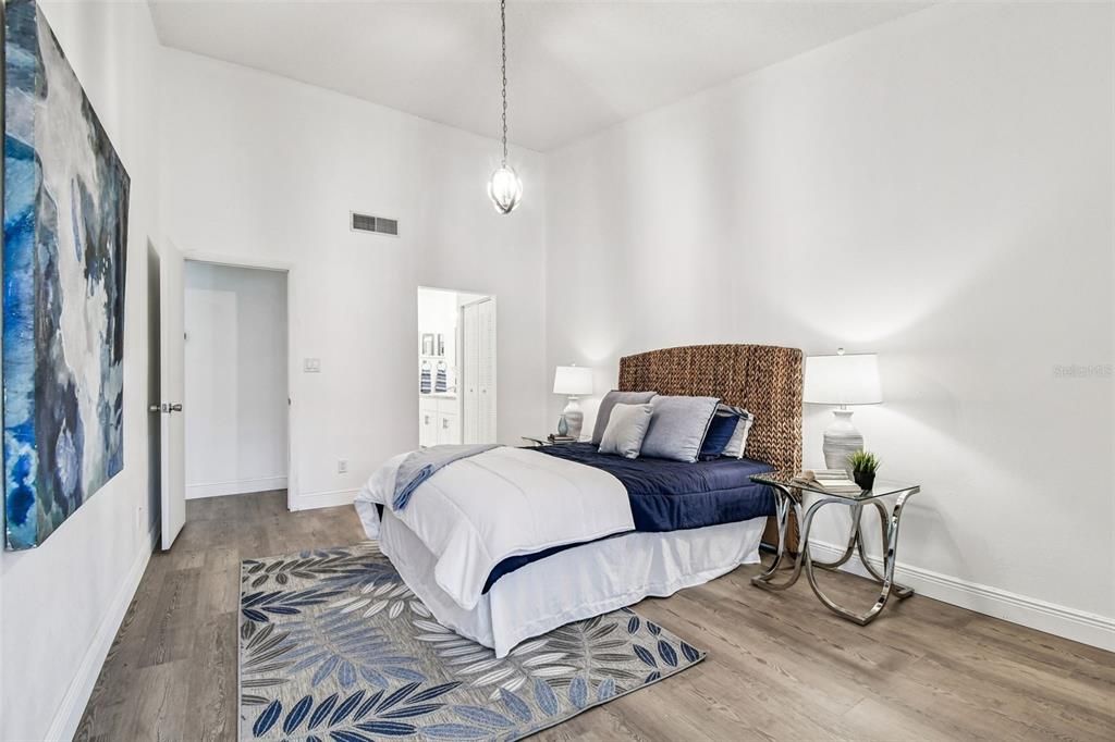 Bedroom, Interior, Pendant Lights, Wood Texture Flooring