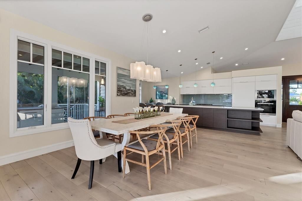 Dining room, Interior, Kitchen, Pendant Lights, Recessed Lighting, Stainless Steel Appliances, Wood Texture Flooring