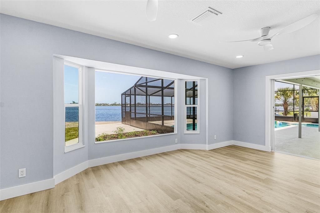 Empty room, Interior, Recessed Lighting, Water, Wood Texture Flooring