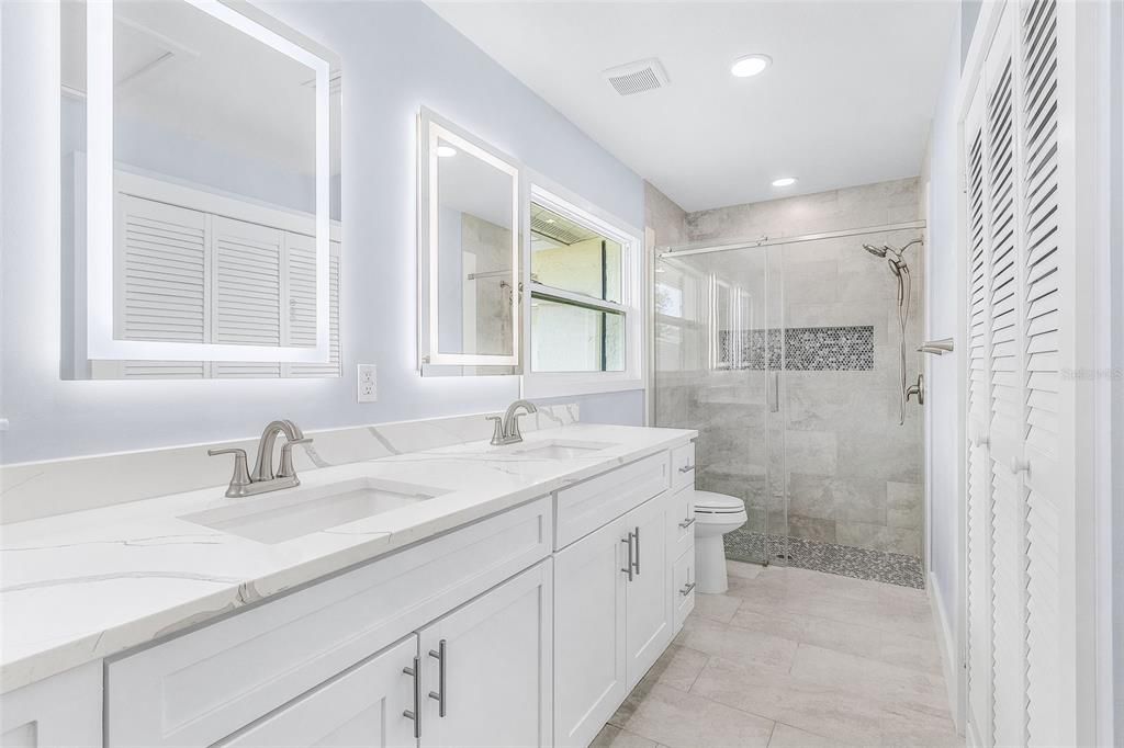Bathroom, Dual Sink Vanities, Glass Shower, Interior, Recessed Lighting