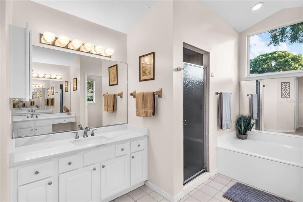 Bathroom, Dual Sink Vanities, Glass Shower, Interior, Recessed Lighting