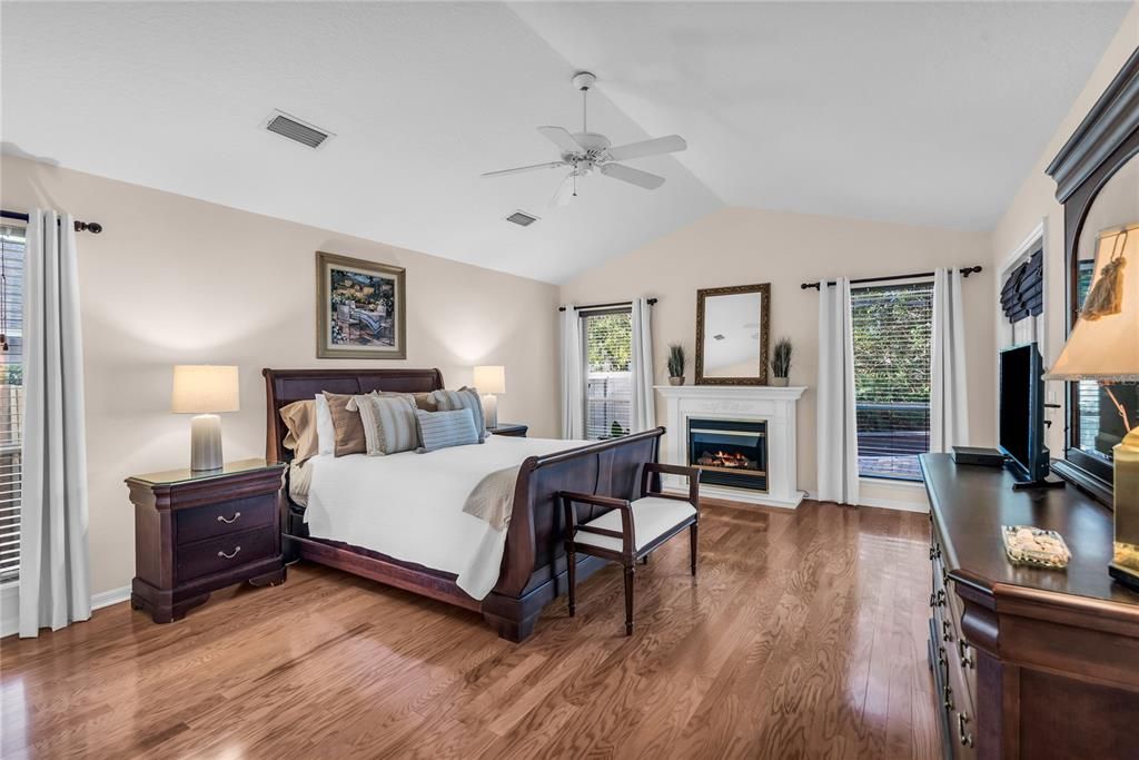 Bedroom, Fireplace, Interior, Wood Texture Flooring