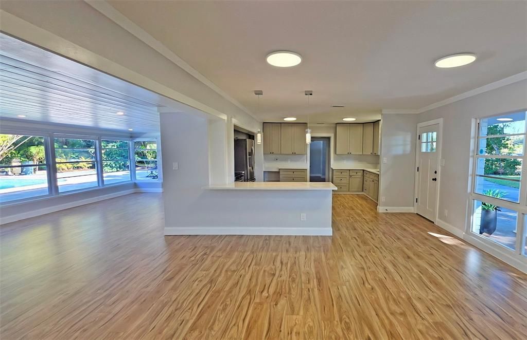 Empty room, Interior, Kitchen, Pendant Lights, Recessed Lighting, Wood Texture Flooring