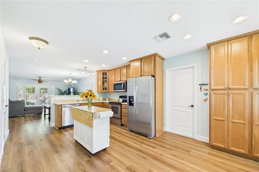 Chandelier, Interior, Kitchen, Recessed Lighting, Stainless Steel Appliances, Wood Texture Flooring