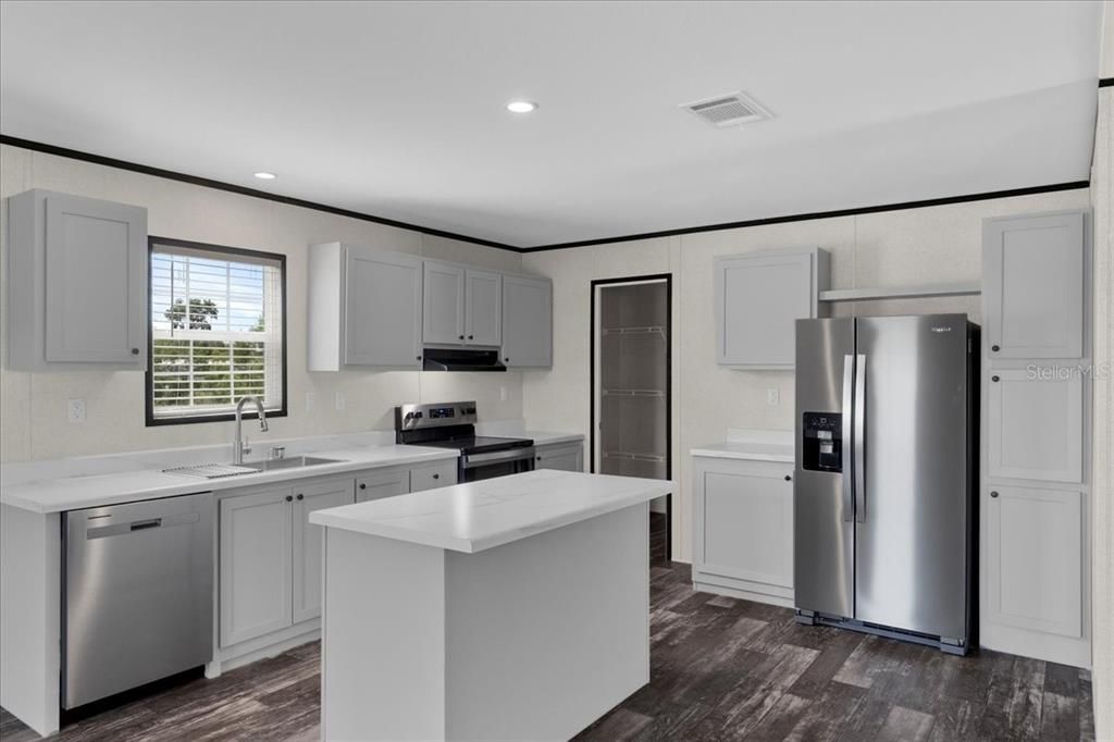 Interior, Kitchen, Recessed Lighting, Stainless Steel Appliances, Wood Texture Flooring