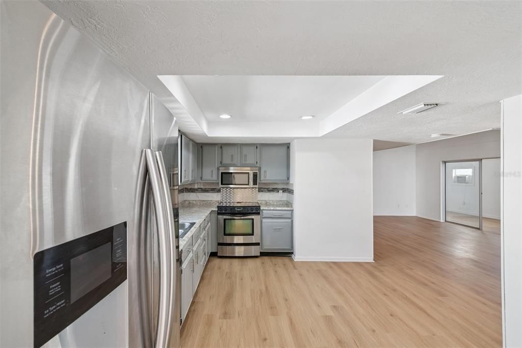 Interior, Kitchen, Recessed Lighting, Stainless Steel Appliances, Wood Texture Flooring