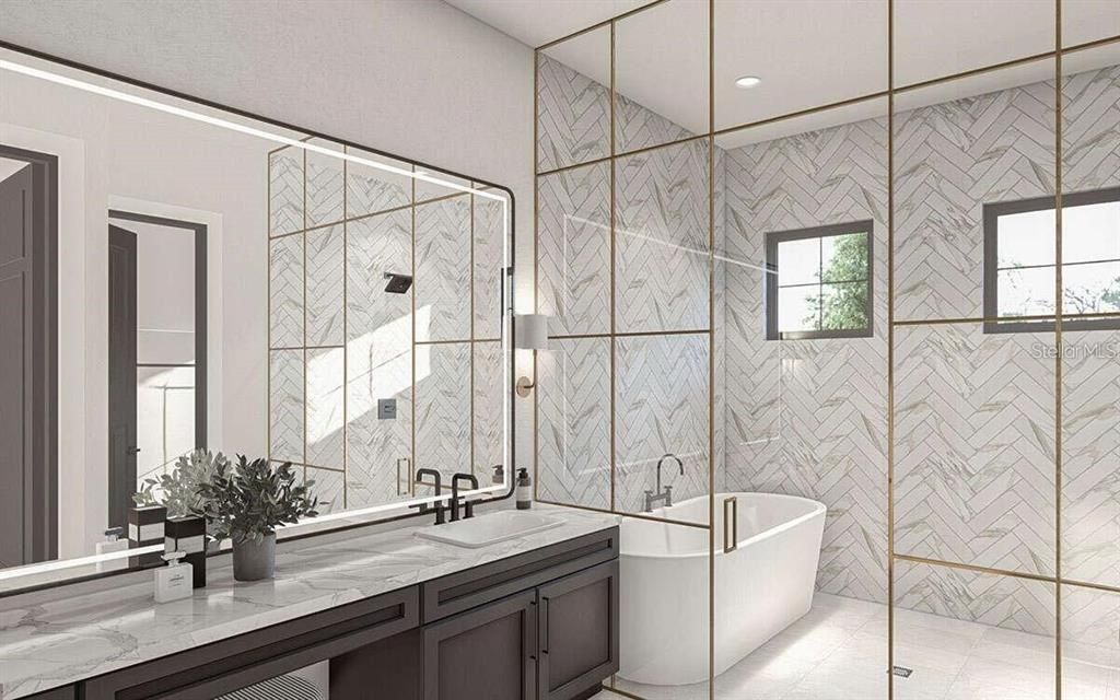 Bathroom, Free Standing Baths, Glass Shower, Interior, Marble Walls, Recessed Lighting