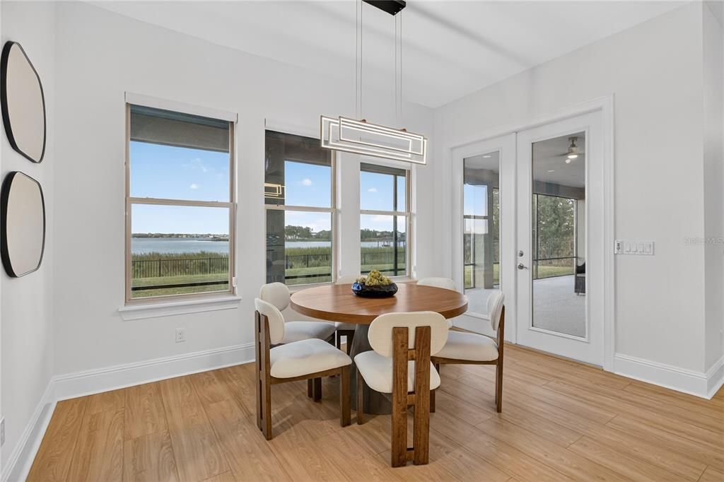 Dining room, Interior, Pendant Lights, Water, Wood Texture Flooring