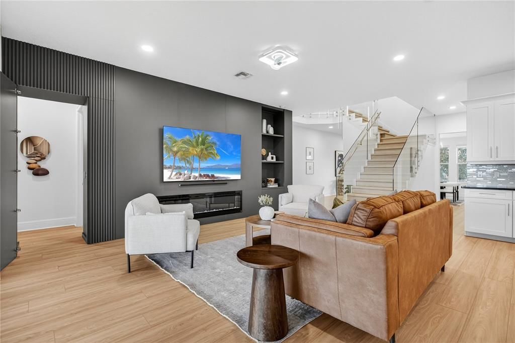 Interior, Living room, Recessed Lighting, Wood Texture Flooring