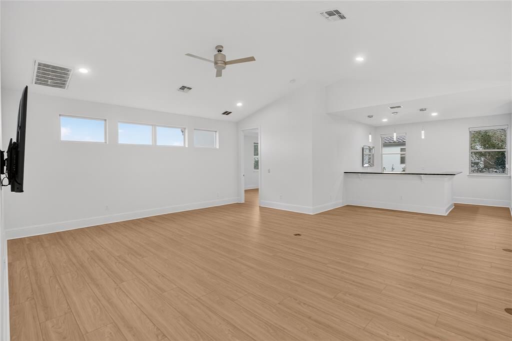 Empty room, Interior, Kitchen, Recessed Lighting, Wood Texture Flooring