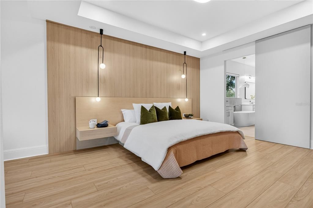 Bedroom, Interior, Pendant Lights, Recessed Lighting, Wood Texture Flooring
