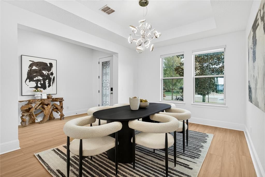 Chandelier, Dining room, Interior, Pendant Lights, Wood Texture Flooring
