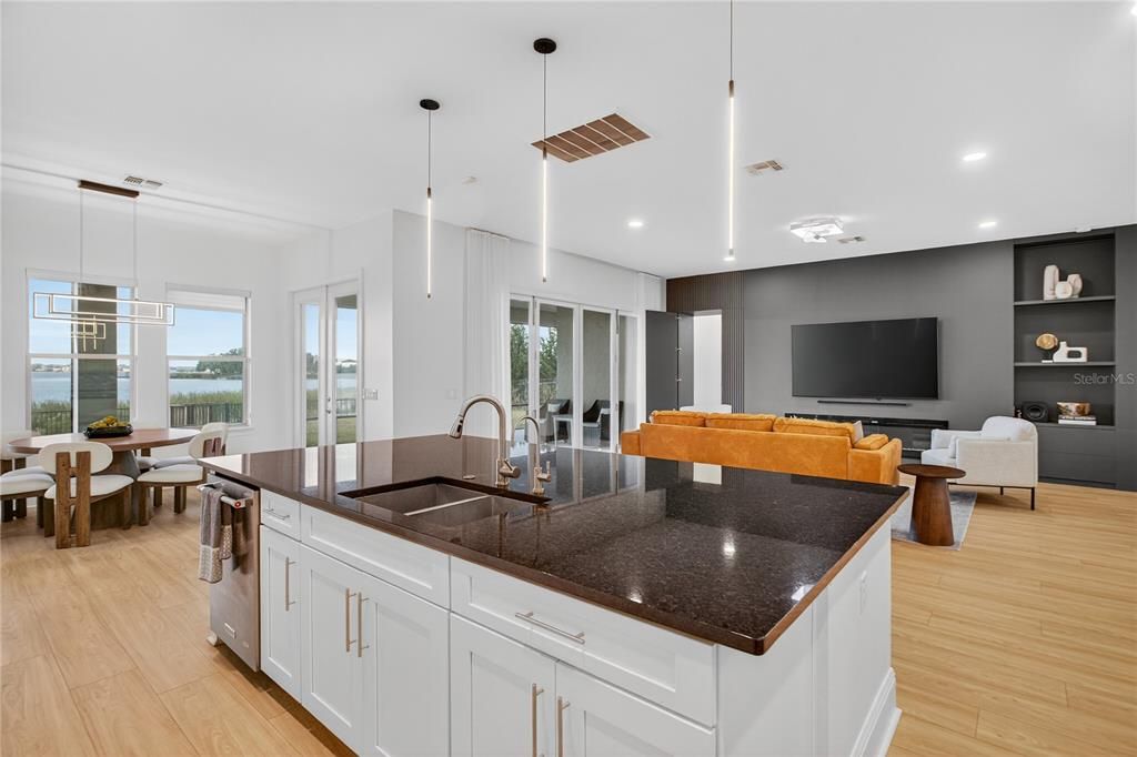 Dining room, Interior, Kitchen, Living room, Pendant Lights, Recessed Lighting, Wood Texture Flooring