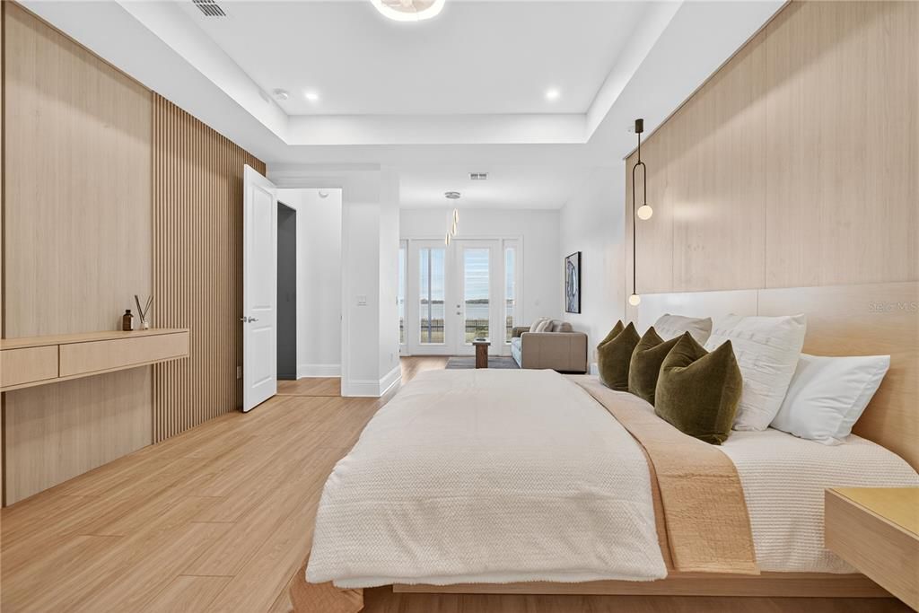 Bedroom, Interior, Pendant Lights, Recessed Lighting, Wood Texture Flooring
