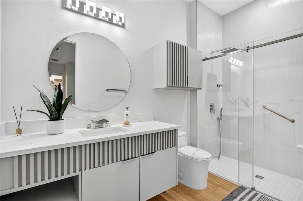 Bathroom, Glass Shower, Interior, Wood Texture Flooring