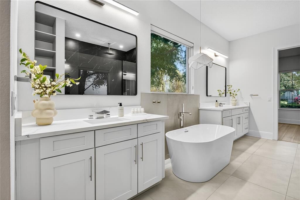 Bathroom, Dual Sink Vanities, Free Standing Baths, Interior, Marble Walls