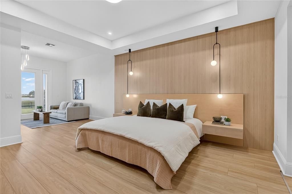 Bedroom, Interior, Pendant Lights, Recessed Lighting, Wood Texture Flooring