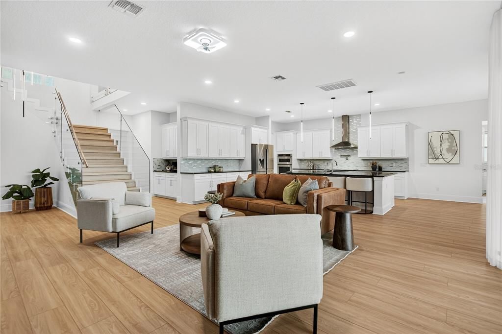 Interior, Kitchen, Living room, Pendant Lights, Recessed Lighting, Stainless Steel Appliances, Wood Texture Flooring