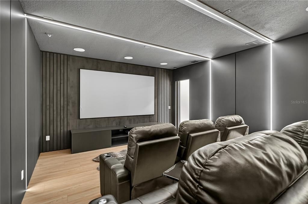 Home Theatre Room, Interior, Projection Screen, Recessed Lighting, Theatre Room, Wood Texture Flooring