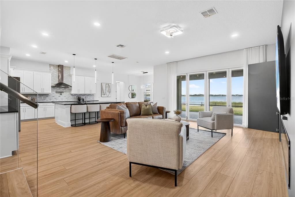 Interior, Kitchen, Living room, Pendant Lights, Recessed Lighting, Water, Wood Texture Flooring