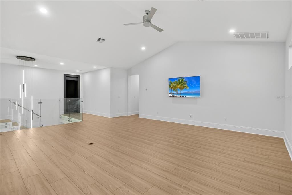 Empty room, Fireplace, Interior, Recessed Lighting, Wood Texture Flooring