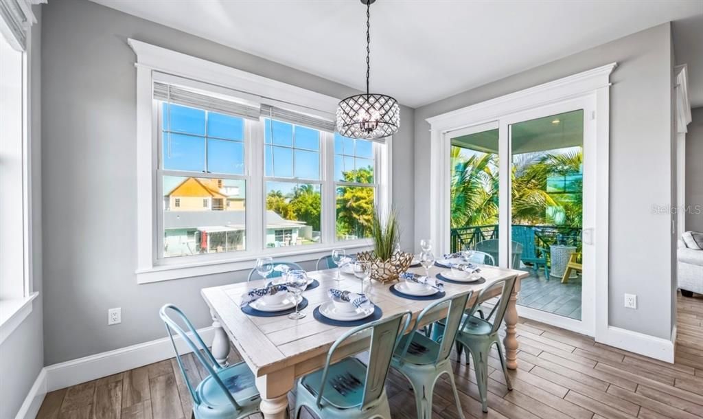 Dining room, Interior, Pendant Lights, Wood Texture Flooring