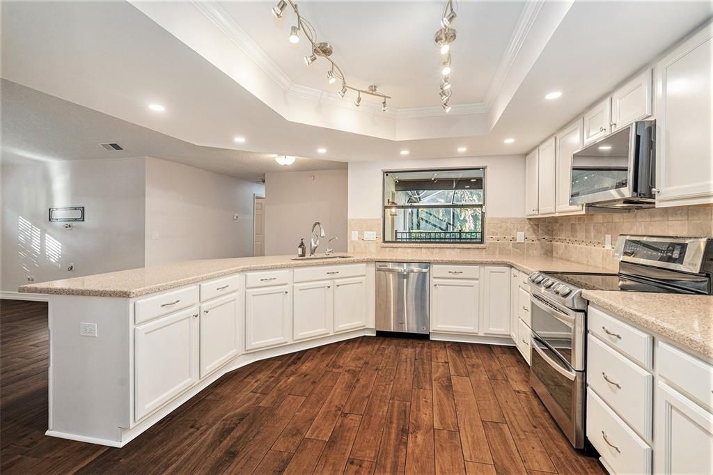 Interior, Kitchen, Recessed Lighting, Stainless Steel Appliances, Wood Texture Flooring