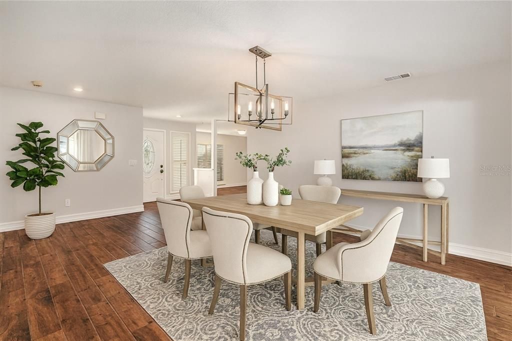 Dining room, Interior, Pendant Lights, Recessed Lighting, Wood Texture Flooring