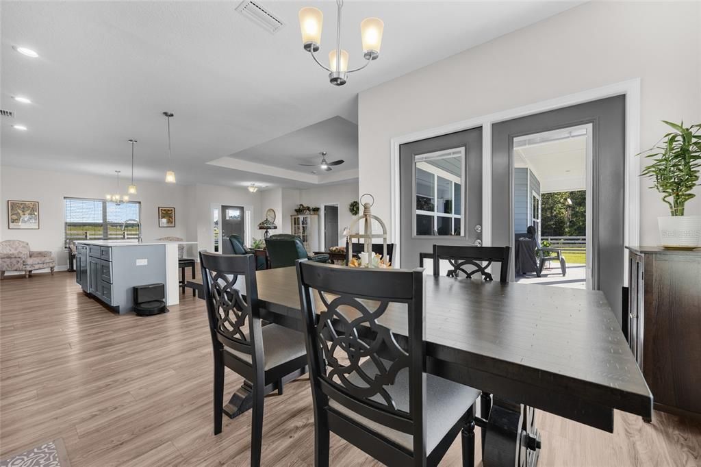 Dining room, Interior, Pendant Lights, Recessed Lighting, Wood Texture Flooring
