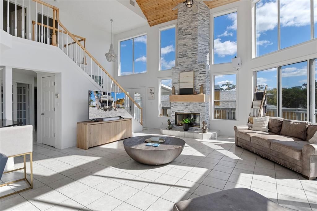 Fireplace, Interior, Living room, Pendant Lights, Wooden Ceilings
