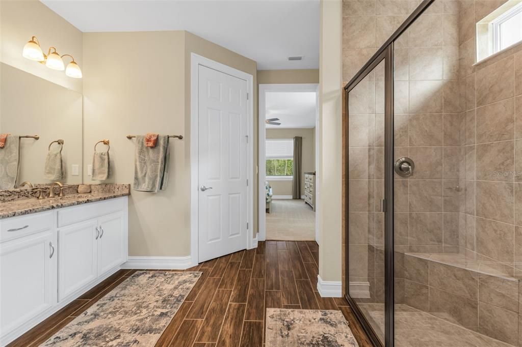 Bathroom, Glass Shower, Interior, Wood Texture Flooring