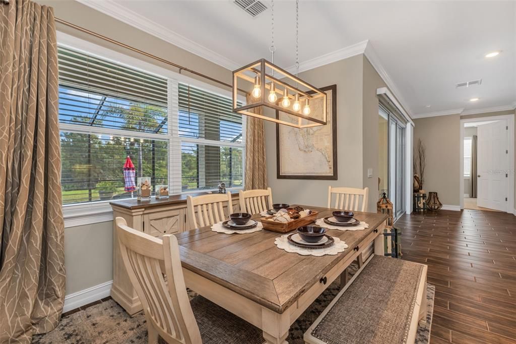 Dining room, Interior, Pendant Lights, Recessed Lighting, Wood Texture Flooring