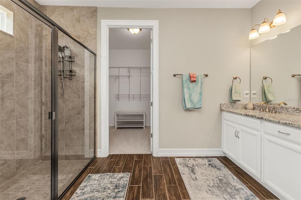 Bathroom, Glass Shower, Interior, Walk-in Closets, Wood Texture Flooring